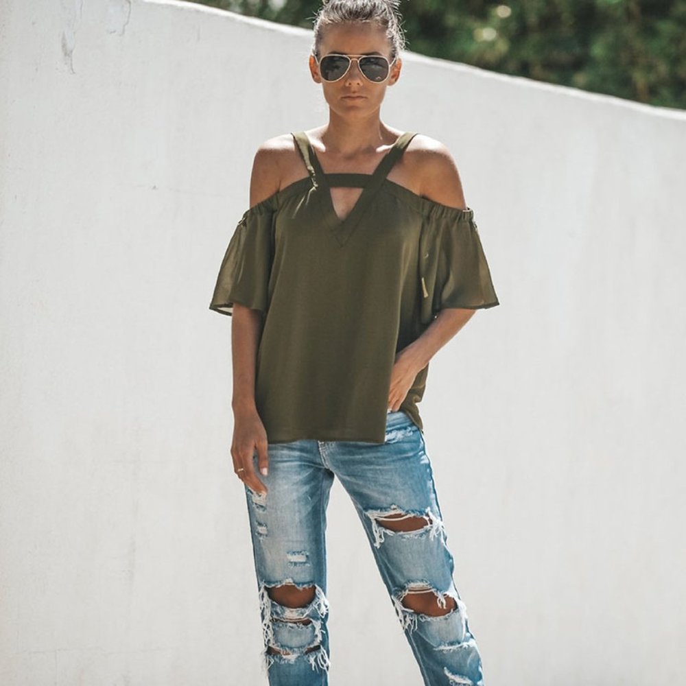 NWT Olive Cool Shoulder Top